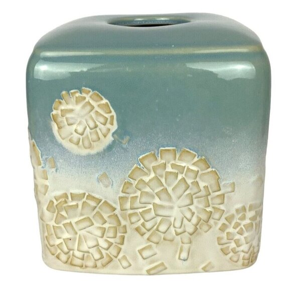DKNY Donna Karan New York Ceramic Tissue Box Holder Teal White Mums Dandelions - Picture 2 of 8